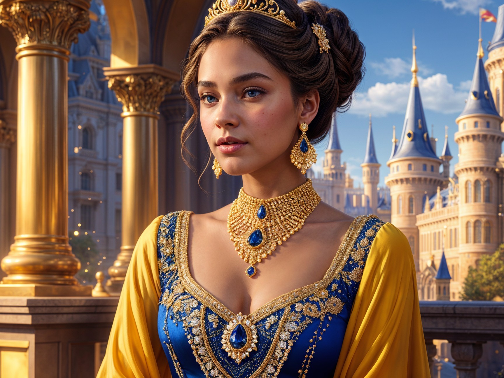 Young woman in blue gown with castle backdrop