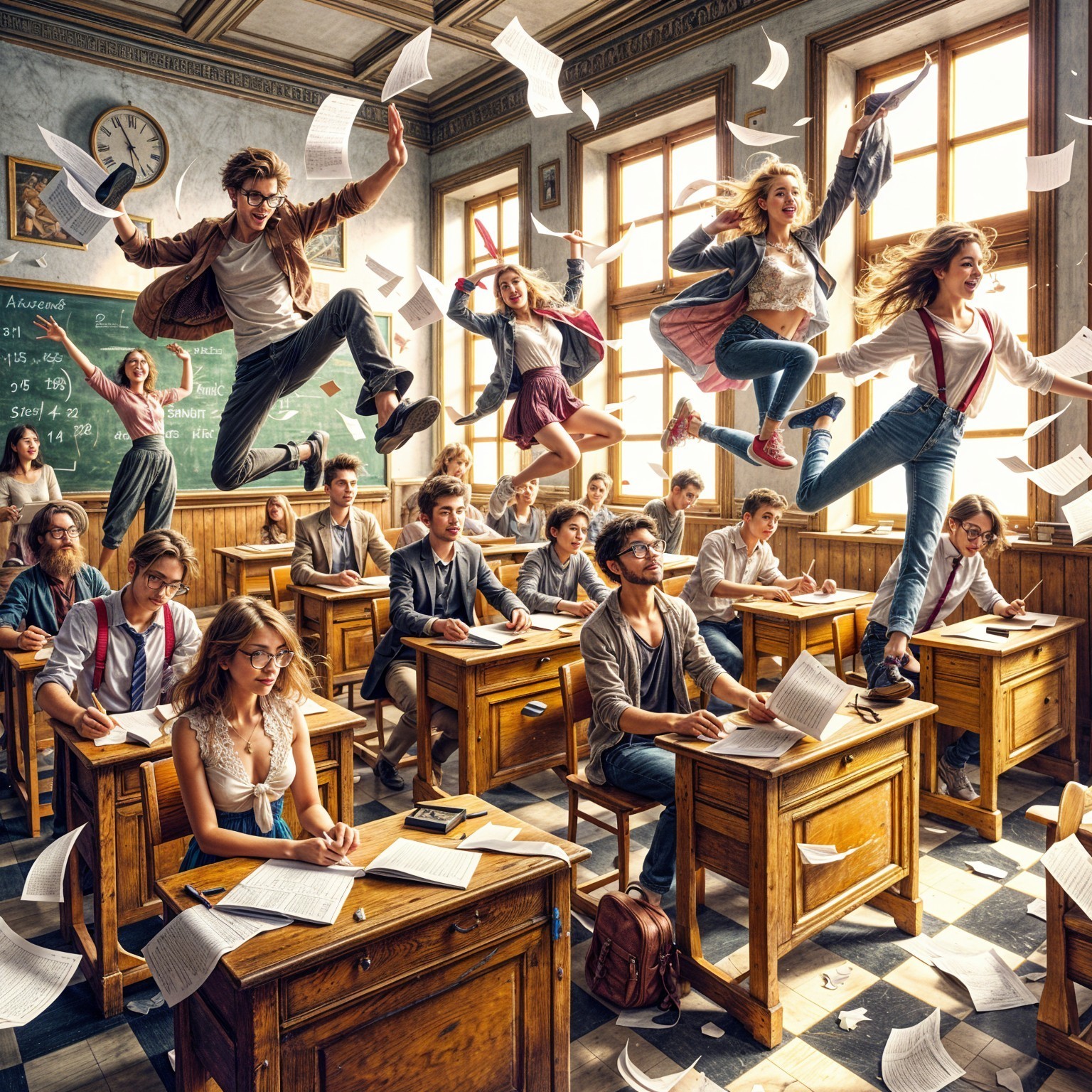 Energetic Classroom Scene with Students in Motion