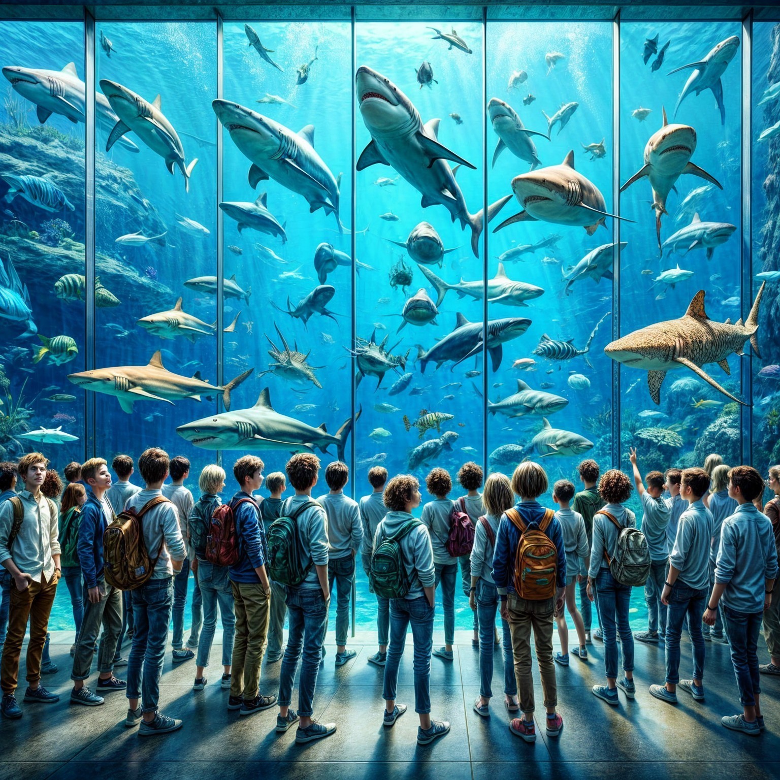 Students Observing Sharks in a Vibrant Aquarium
