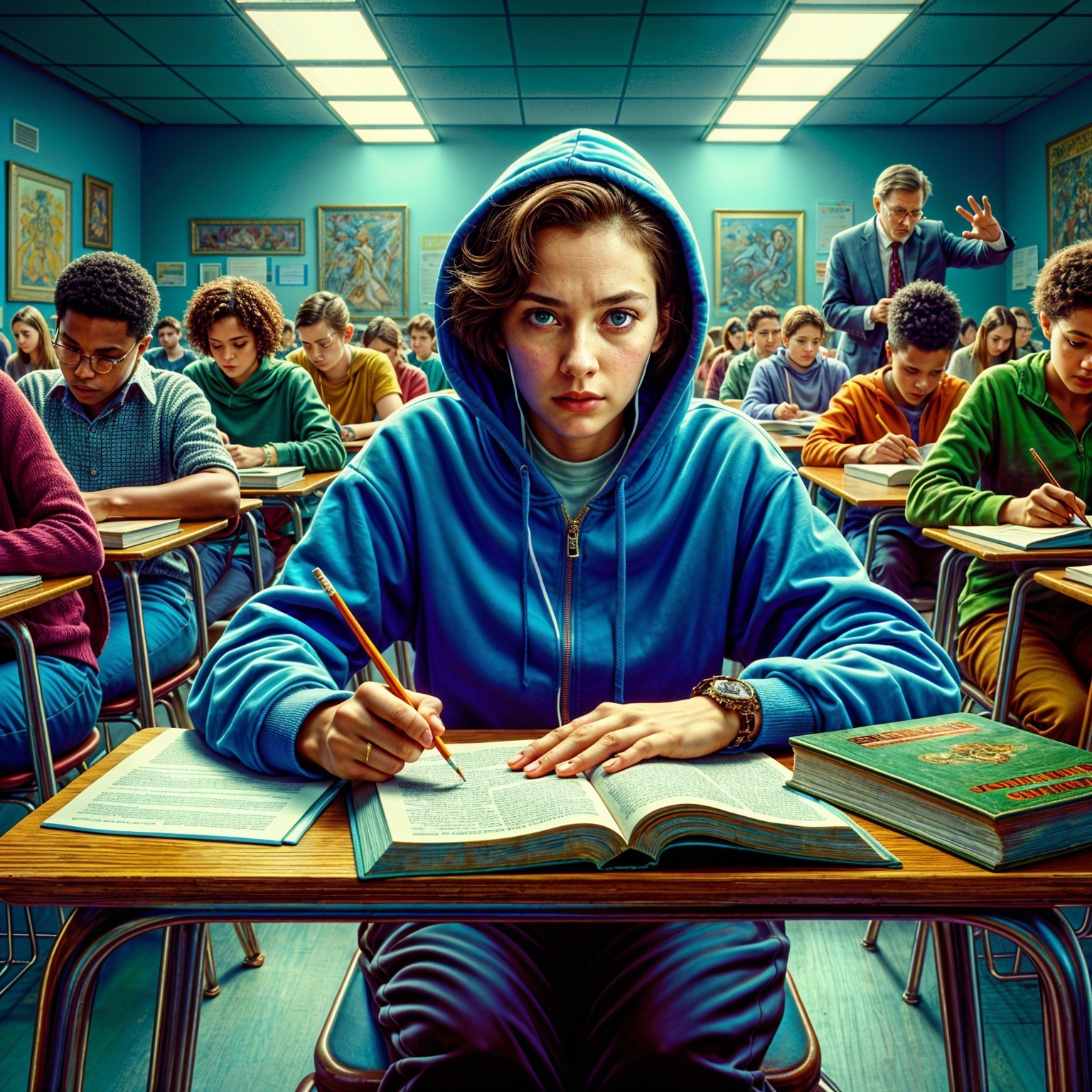 Classroom Scene with Focused Student and Peers