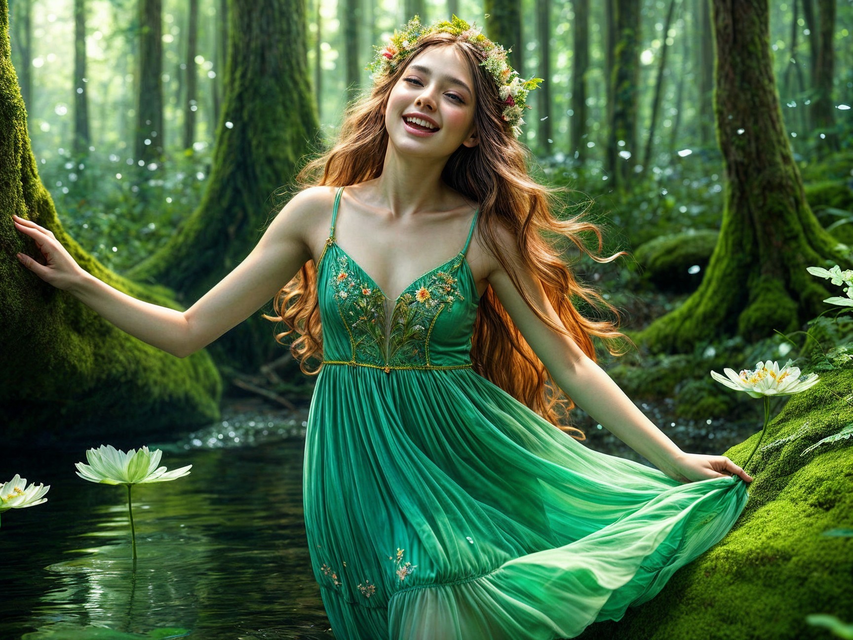 Young woman in green dress in enchanted forest setting
