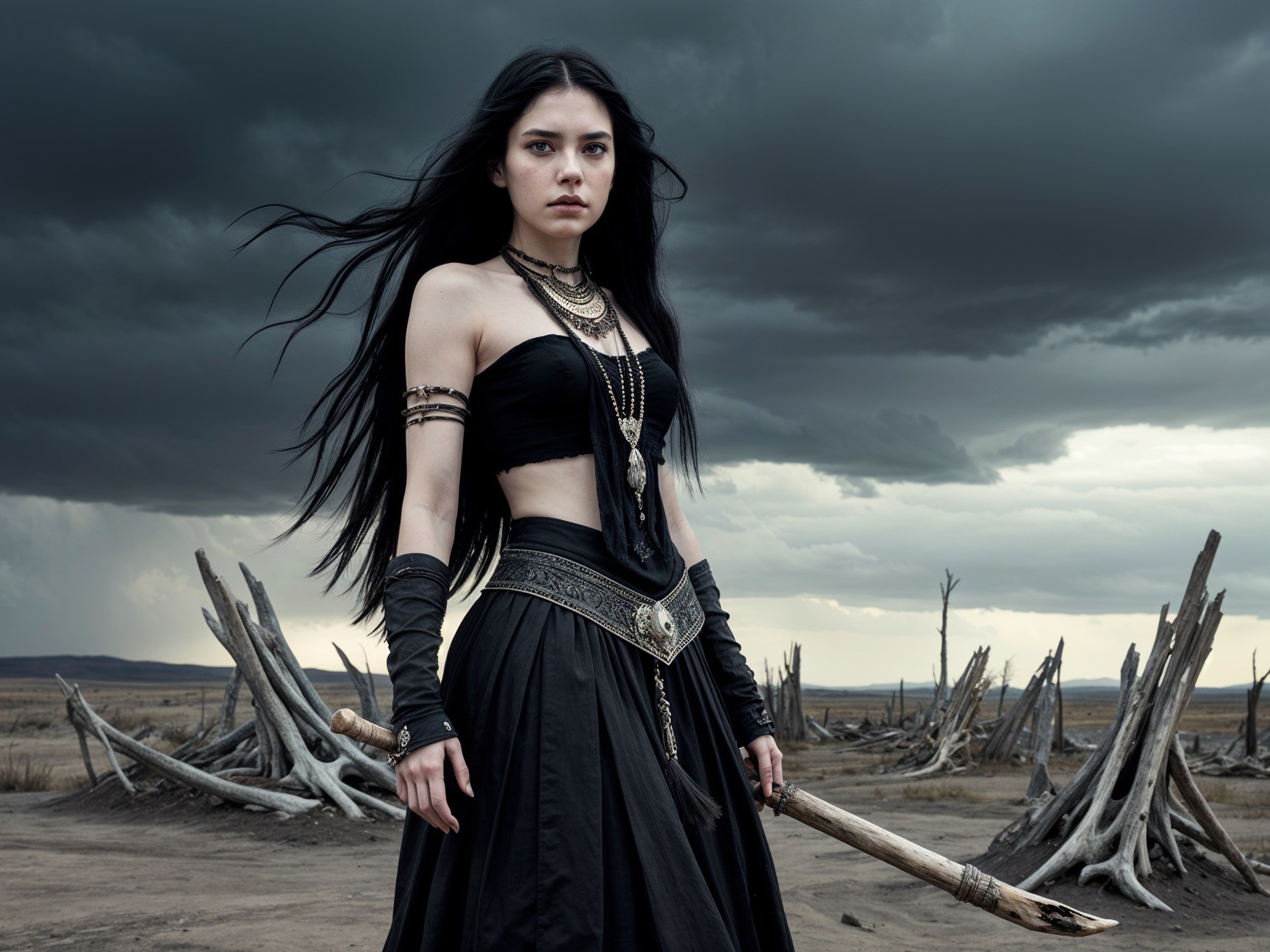 Fierce Warrior in Desolate Landscape with Storm Clouds