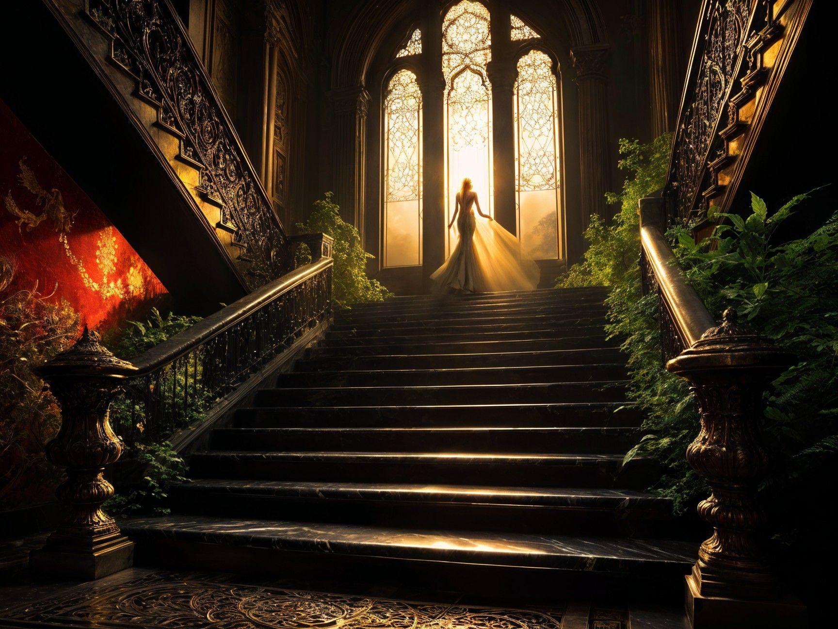 Grand staircase with ornate windows and lush ferns