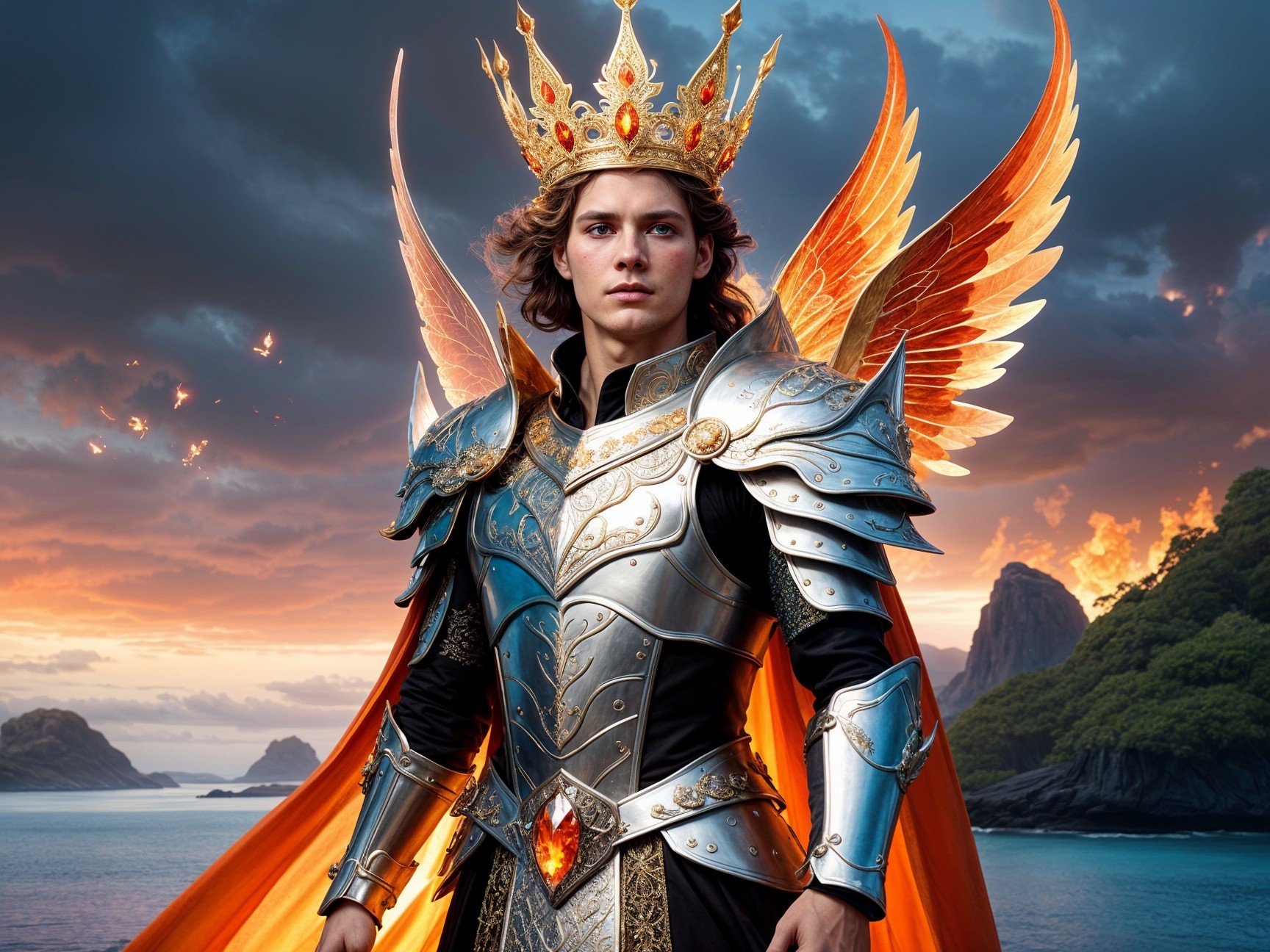 Majestic figure in silver armor with golden wings