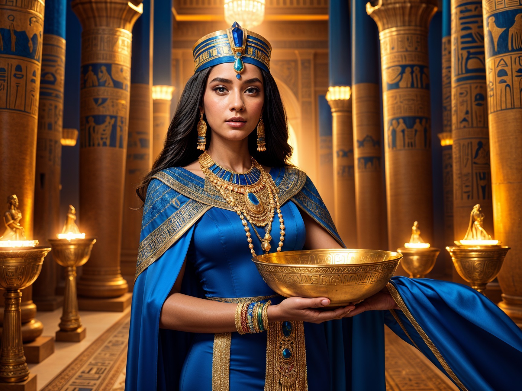 Regal Woman in Ancient Egyptian Setting with Gold Accents