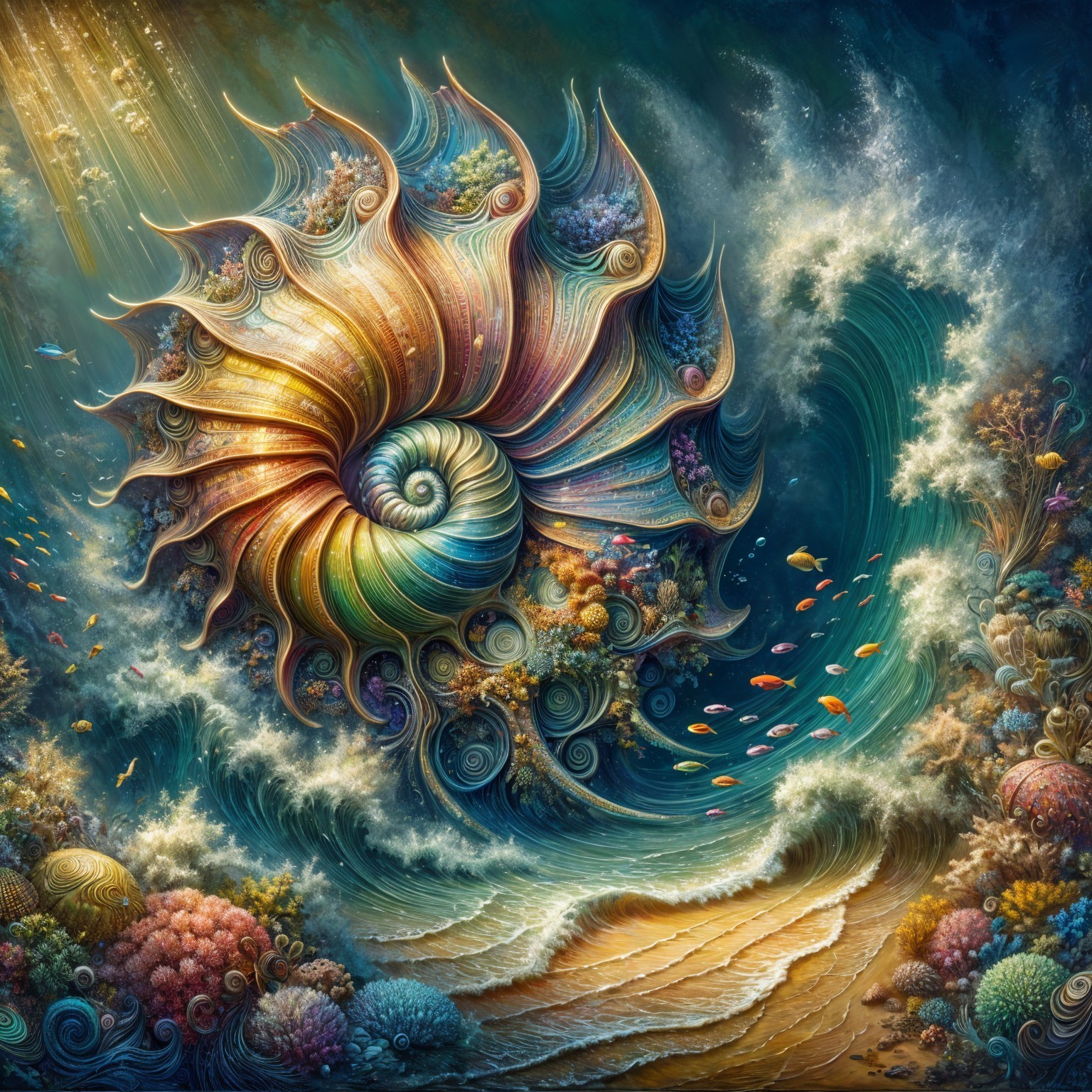 Nautilus Shell Surrounded by Coral Reefs and Fish