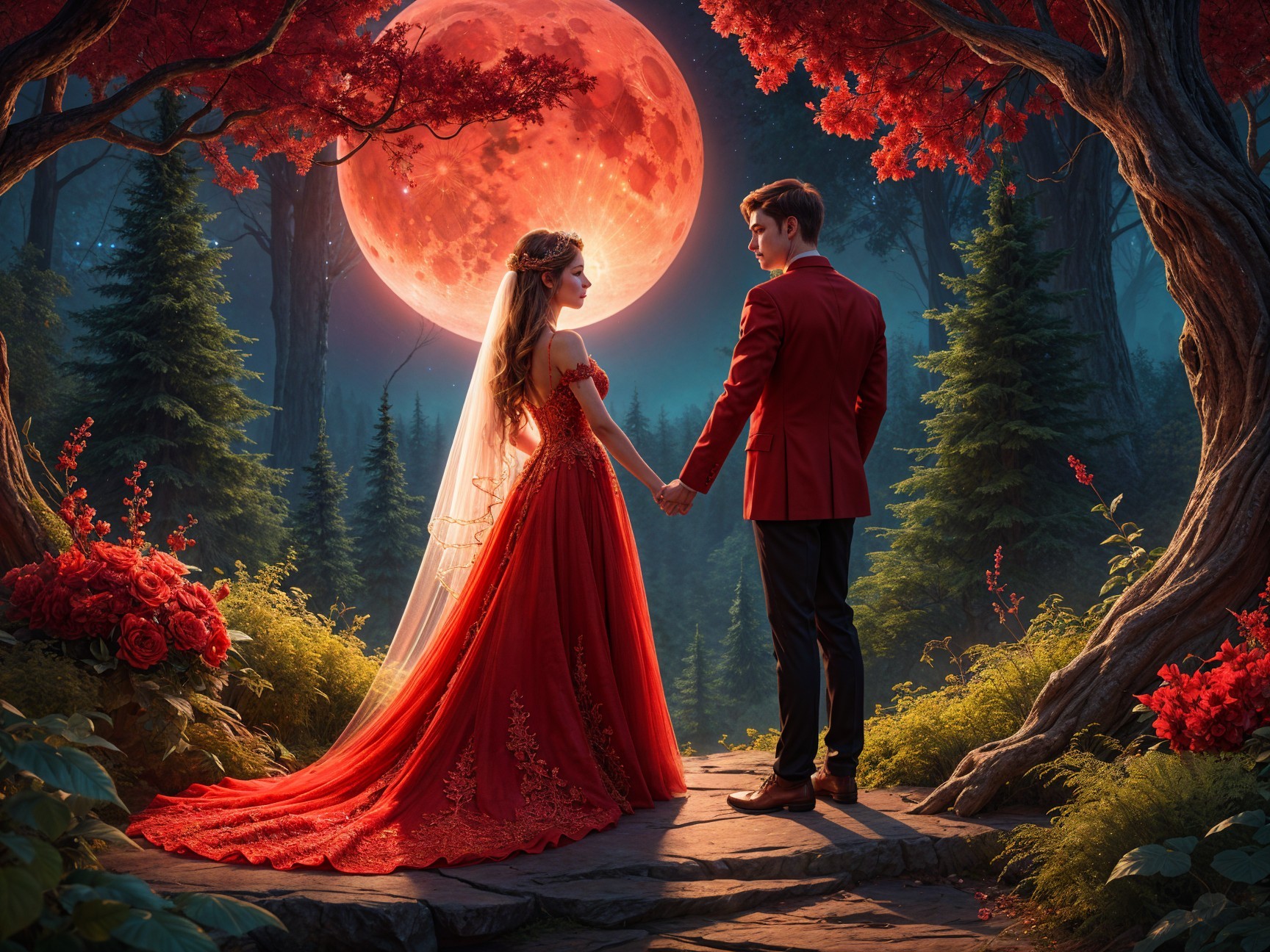 Couple Under Glowing Red Moon in Ethereal Setting