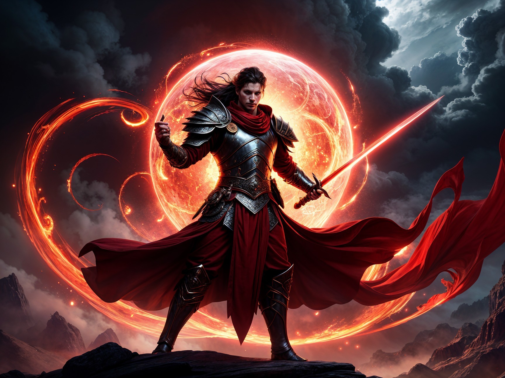 Warrior in Dark Armor on Rocky Terrain with Sword
