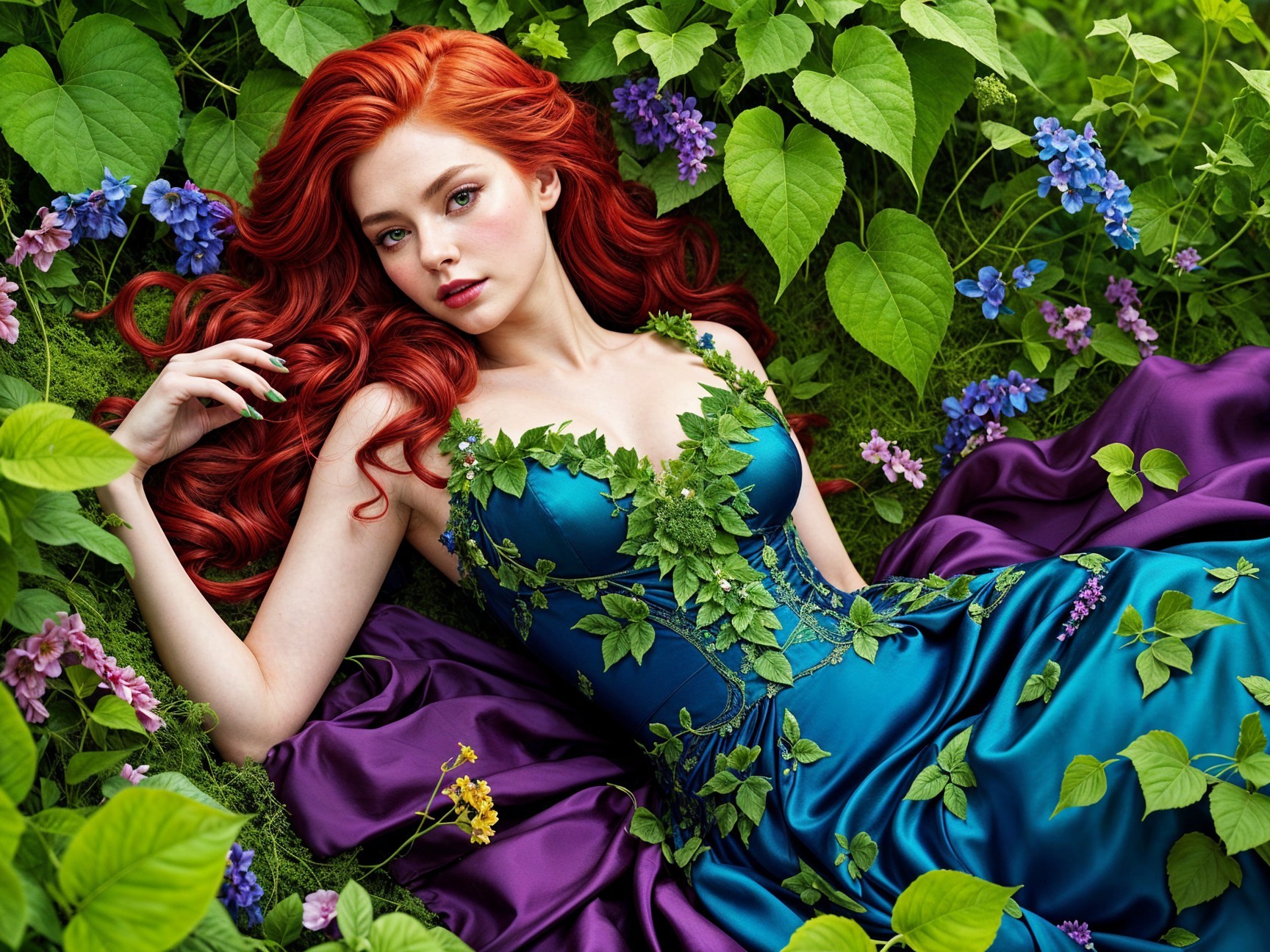 Young Woman in Teal Gown Surrounded by Nature
