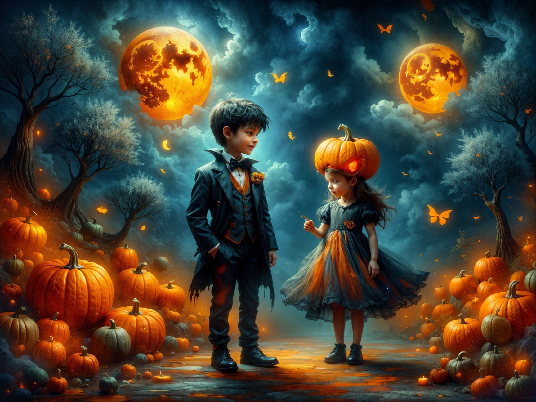 Whimsical Twilight Scene with Children and Pumpkins