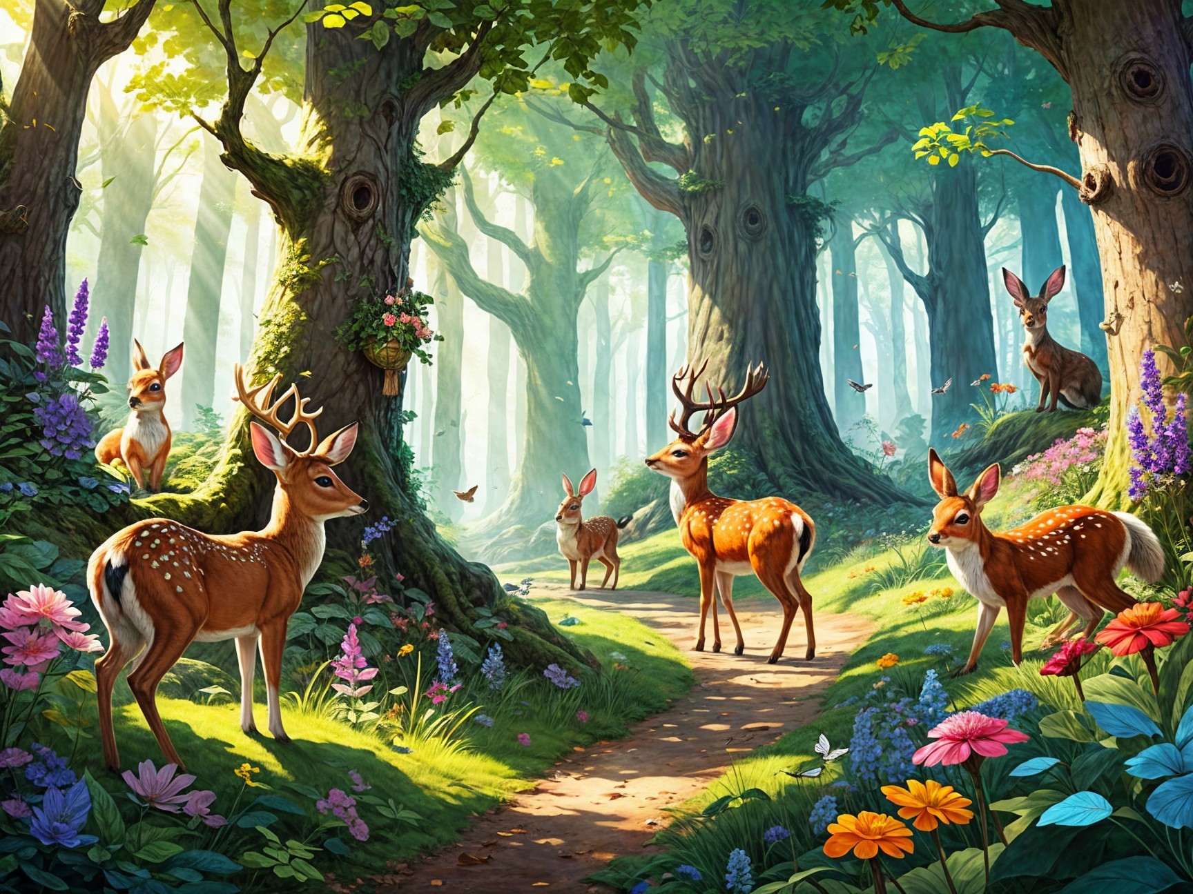 Deer Grazing in a Colorful Forest Scene