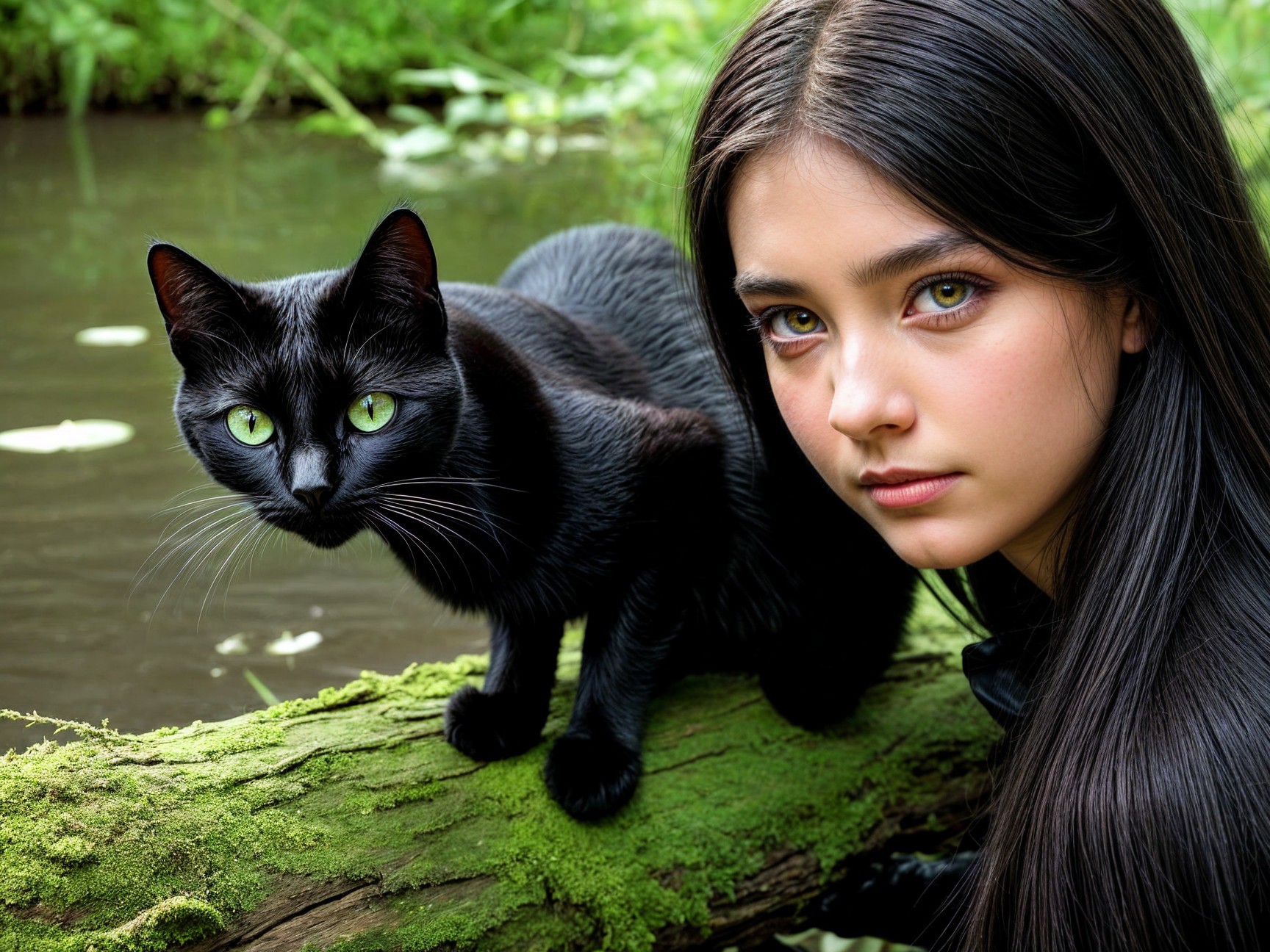 Young girl and black cat in a lush green landscape