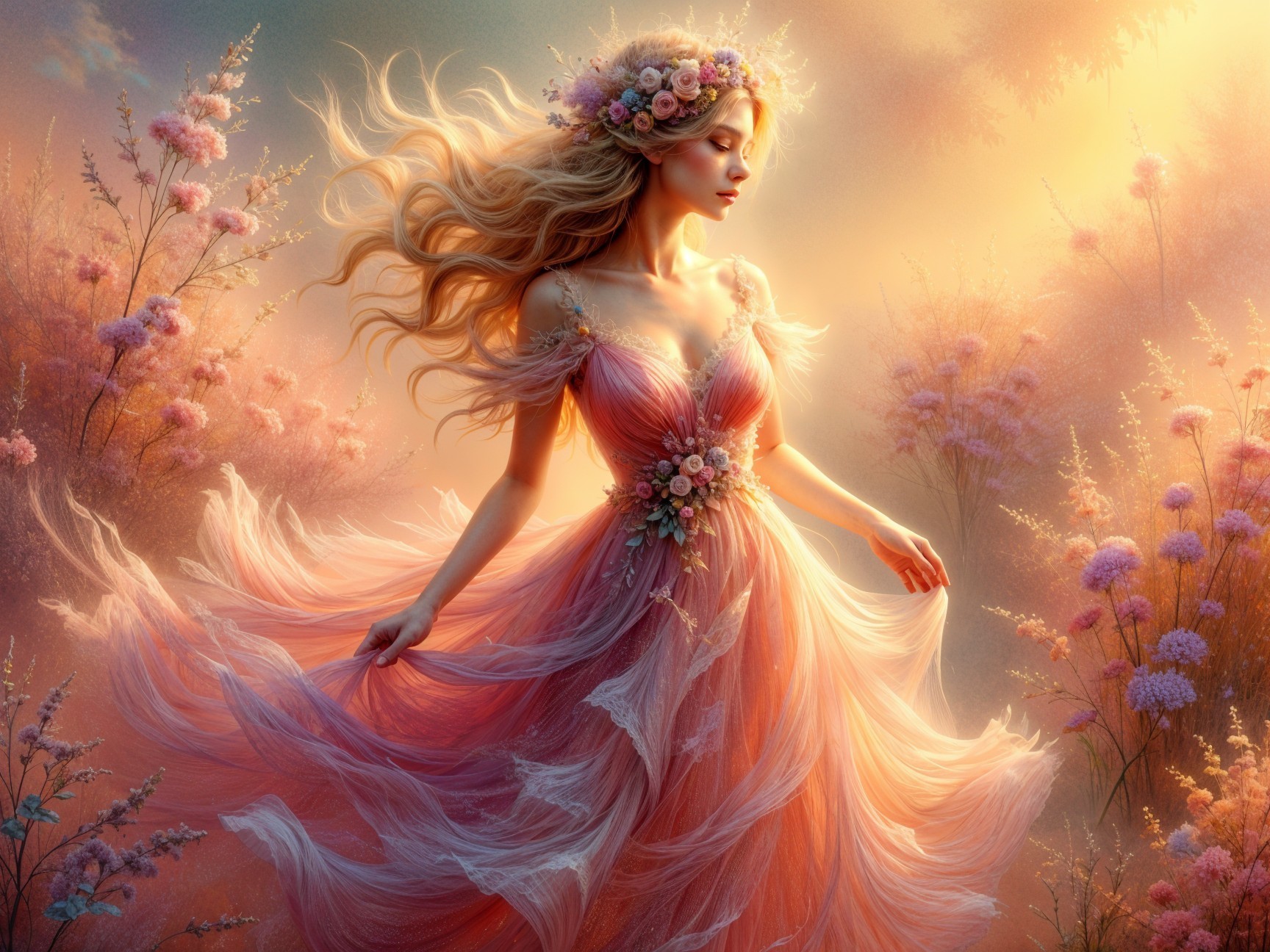 Serene figure in pink gown among ethereal blossoms
