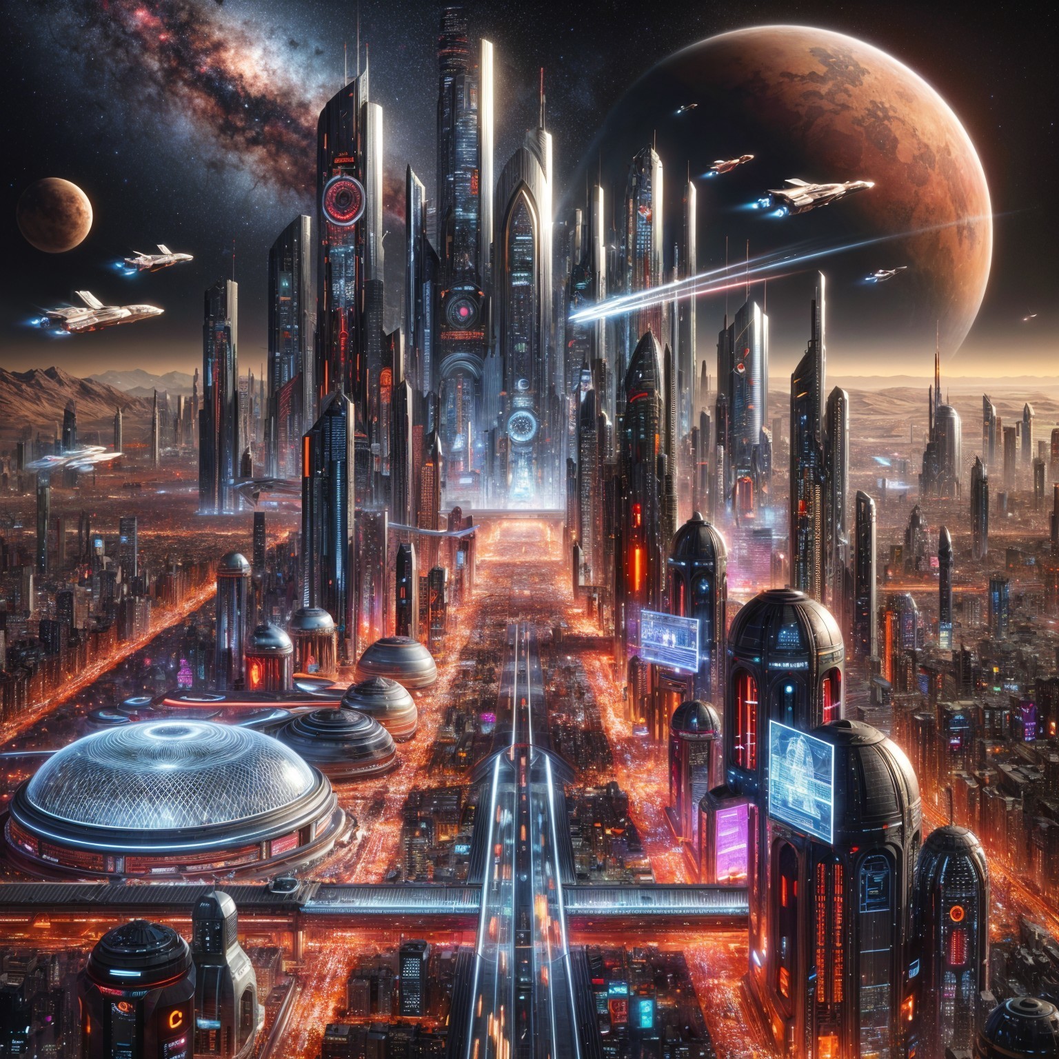 Futuristic cityscape with neon lights and spacecraft