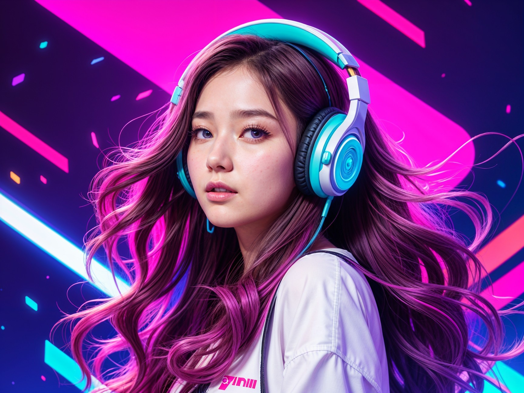Young woman with pink and purple hair in neon setting