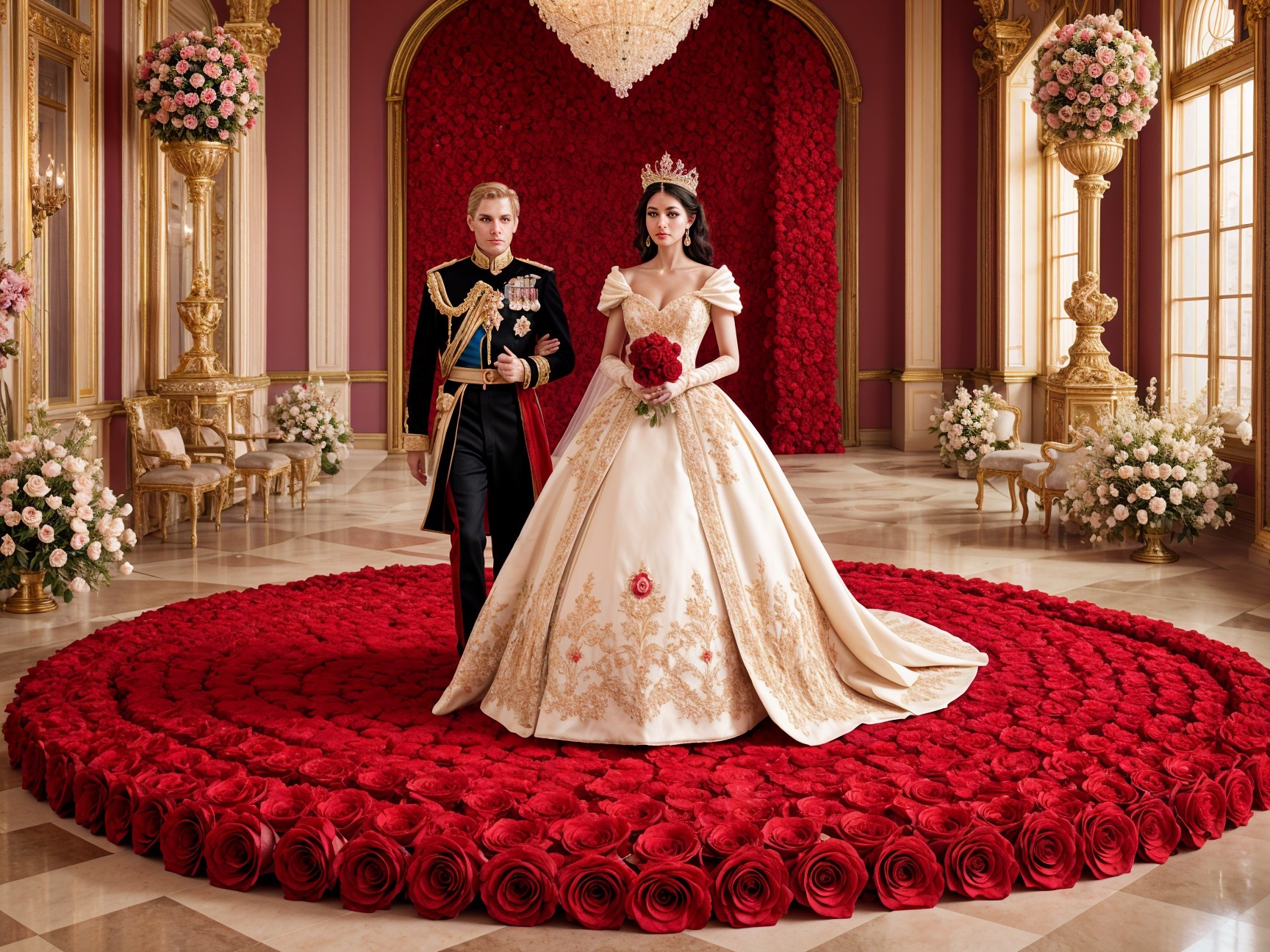 Regal Ballroom Scene with Princess and Prince in Gowns