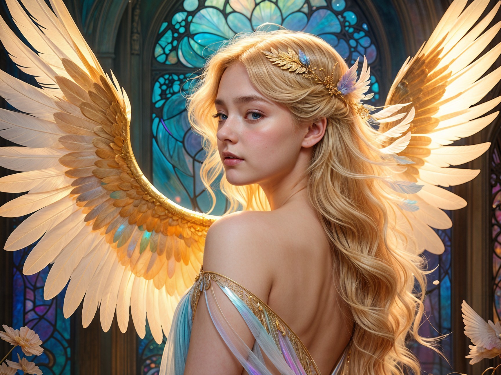 Young Woman with Wings and Stained-Glass Background