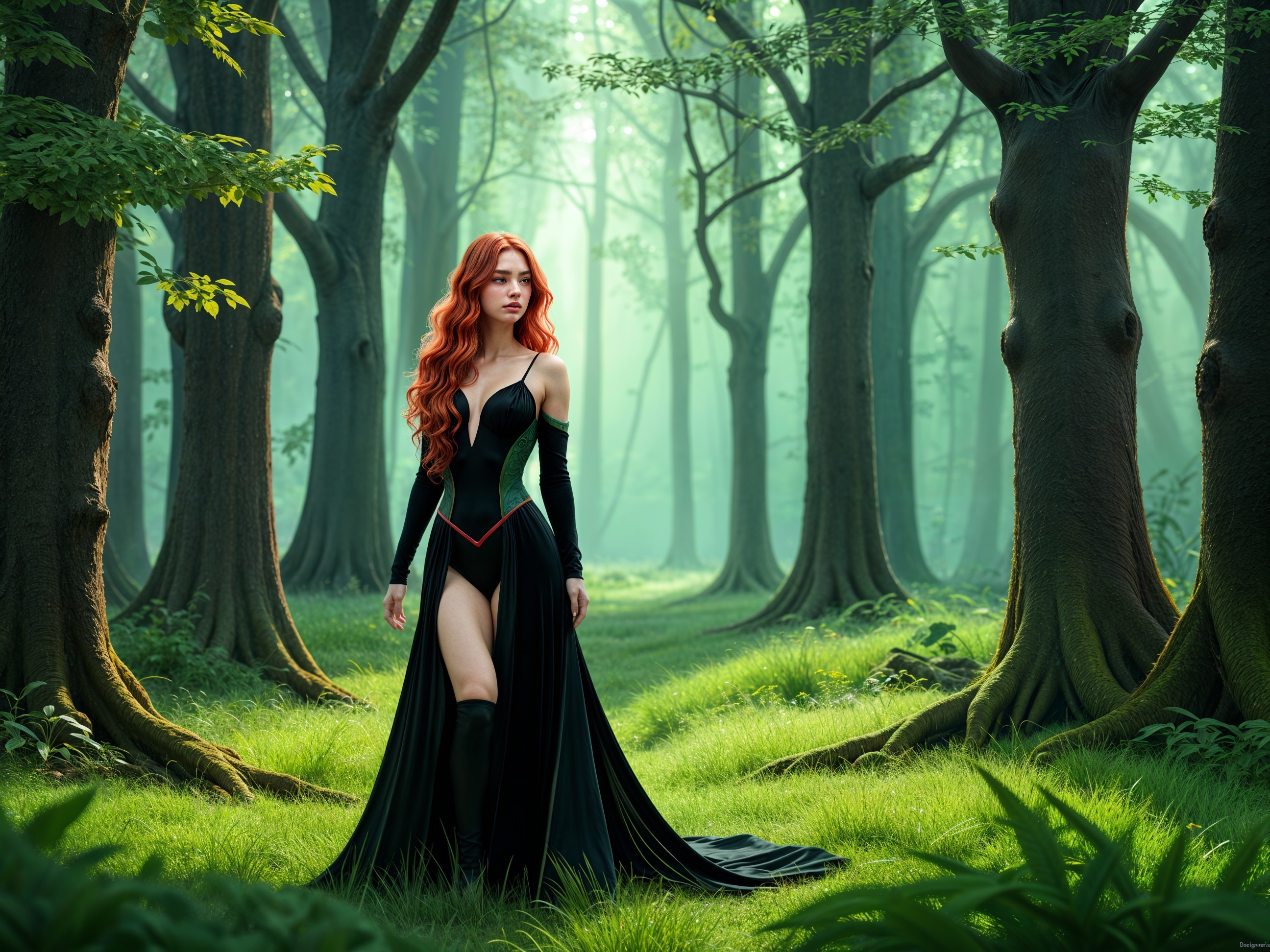 Mysterious Woman in Elegant Gown in Serene Forest
