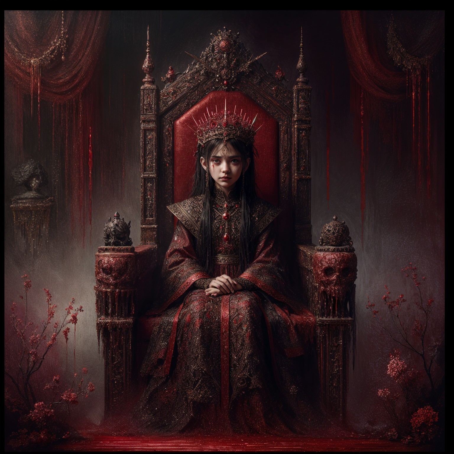 Young Girl on Gothic Throne with Dark Embellishments