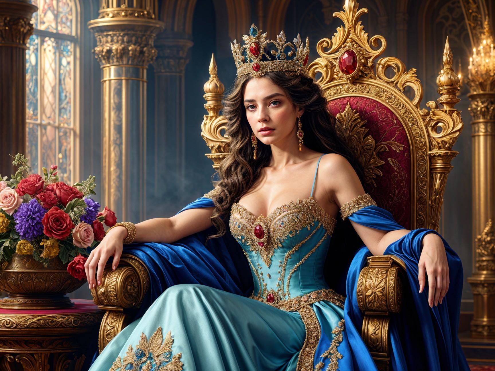 Regal Woman on Ornate Throne in Opulent Palace