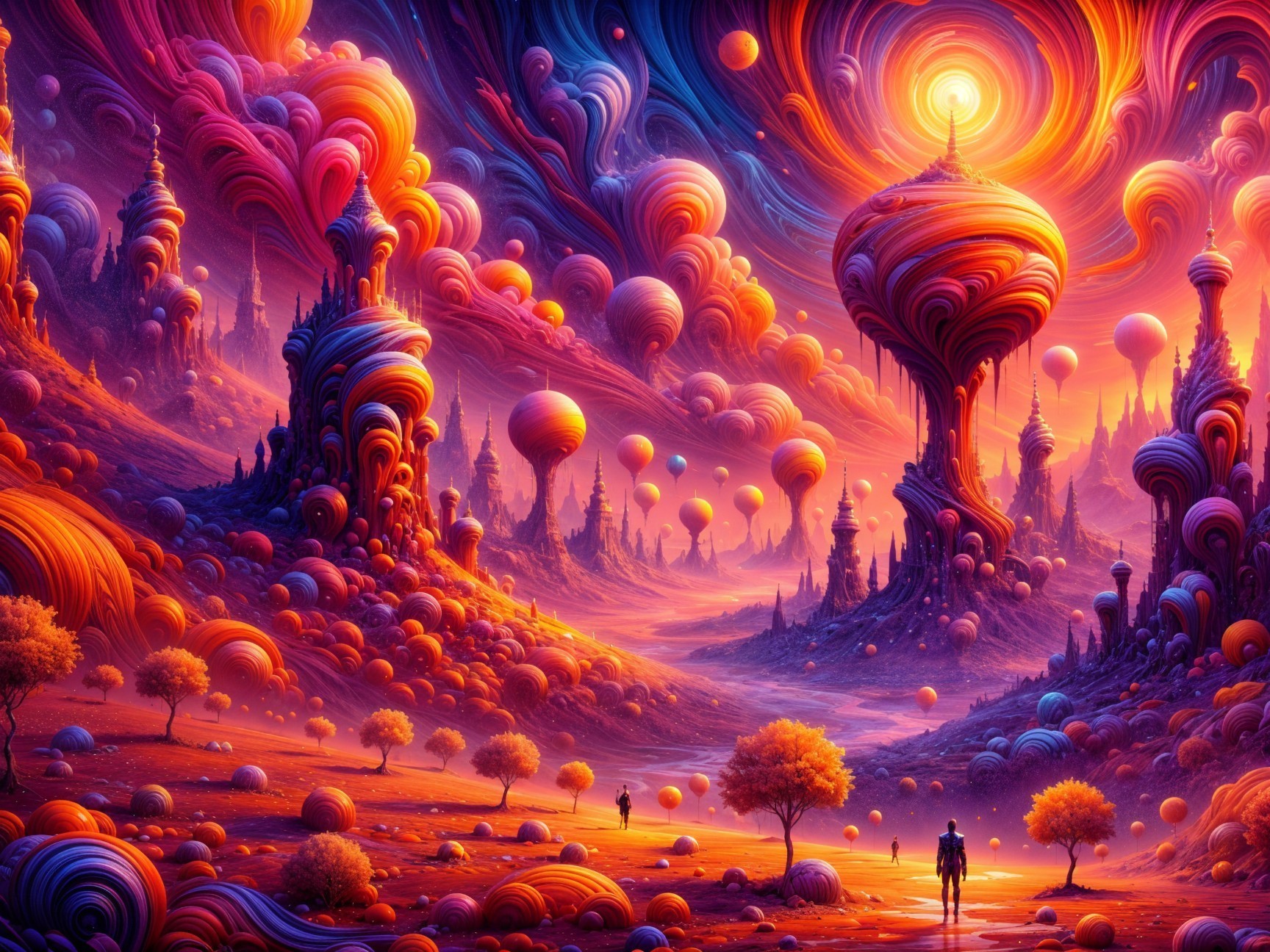 Surreal Landscape with Vibrant Clouds and Towers