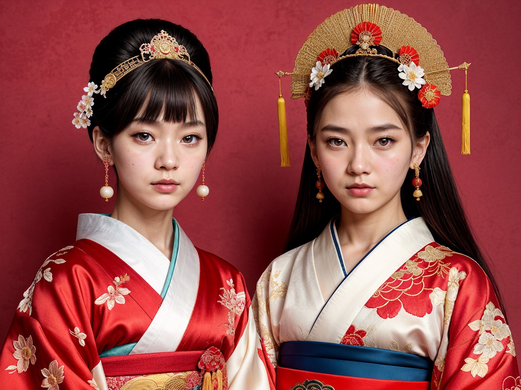 Young Women in Traditional Japanese Kimonos Displaying Colors