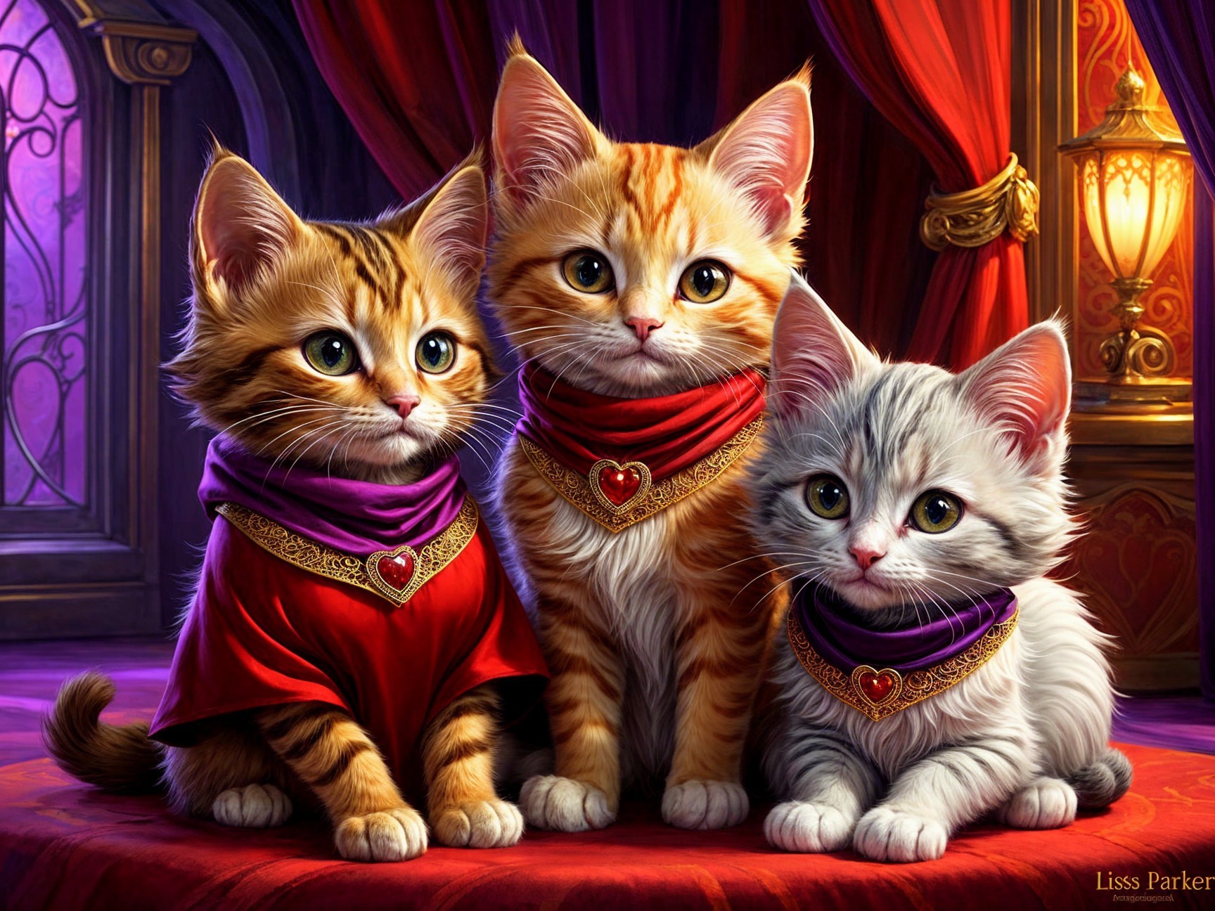 Kittens in Royal Attire with Colorful Capes and Drapery
