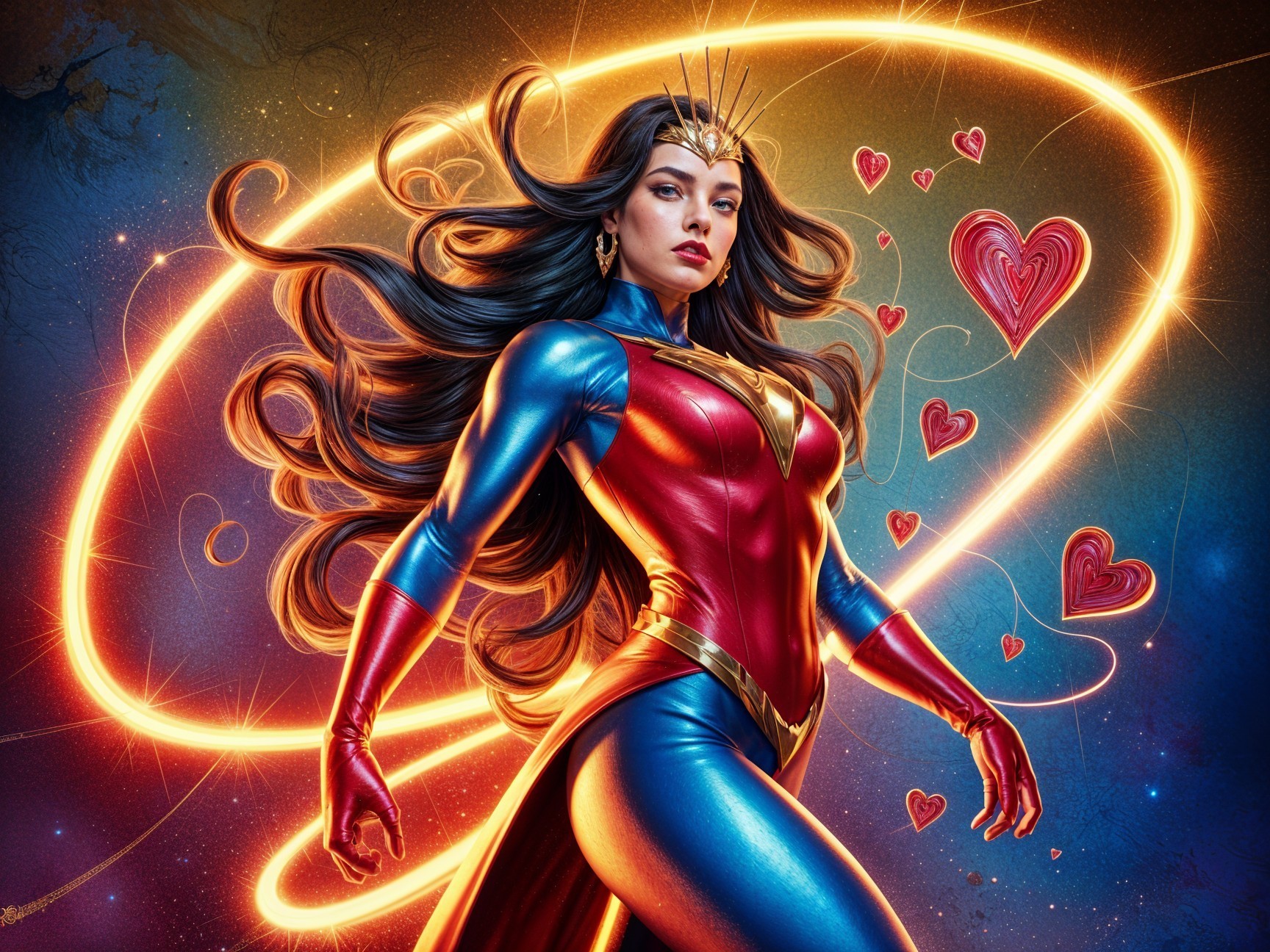 Superheroine in Red and Blue Costume with Halo