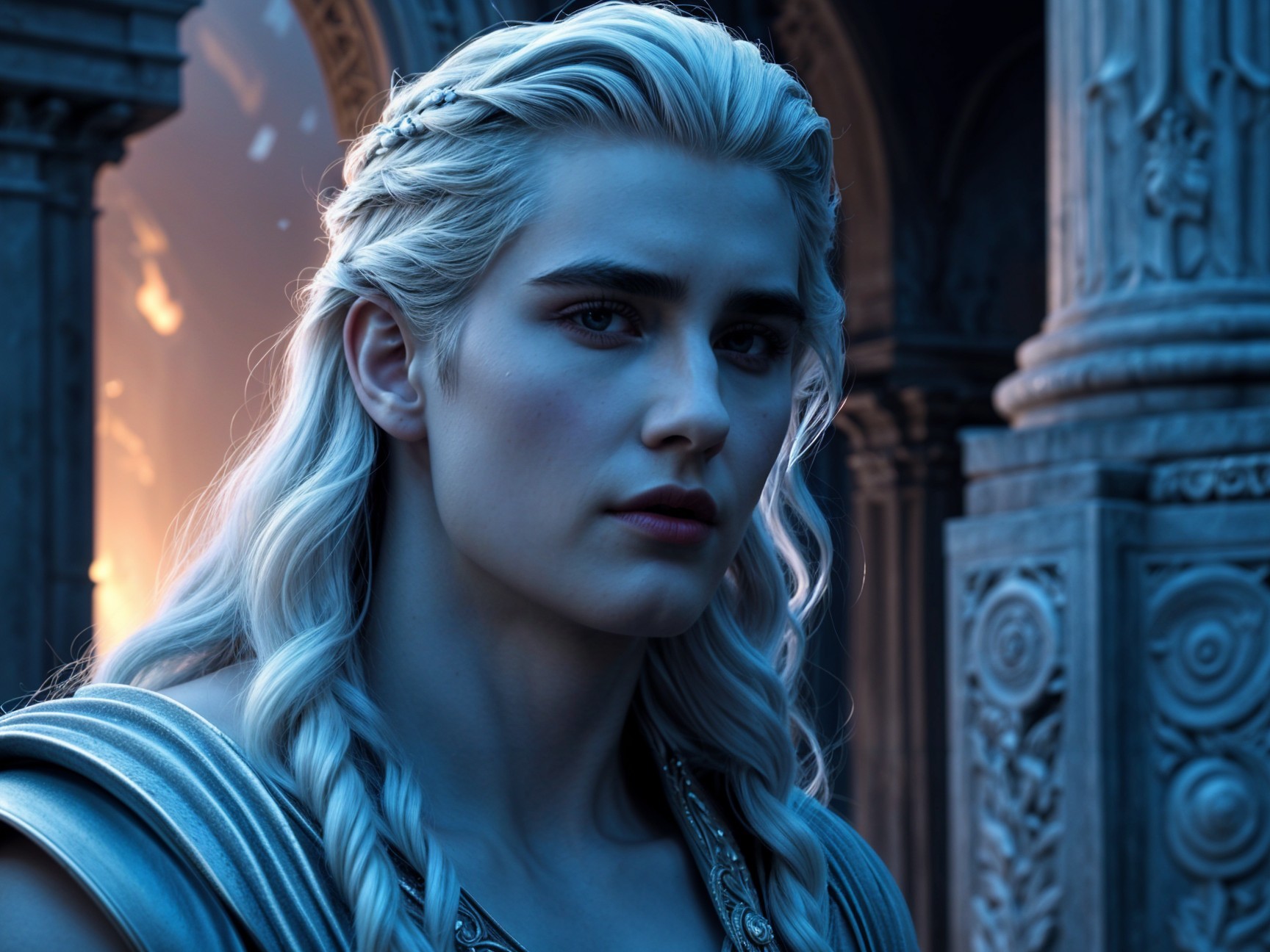 Character with Silver Hair in Ancient Setting