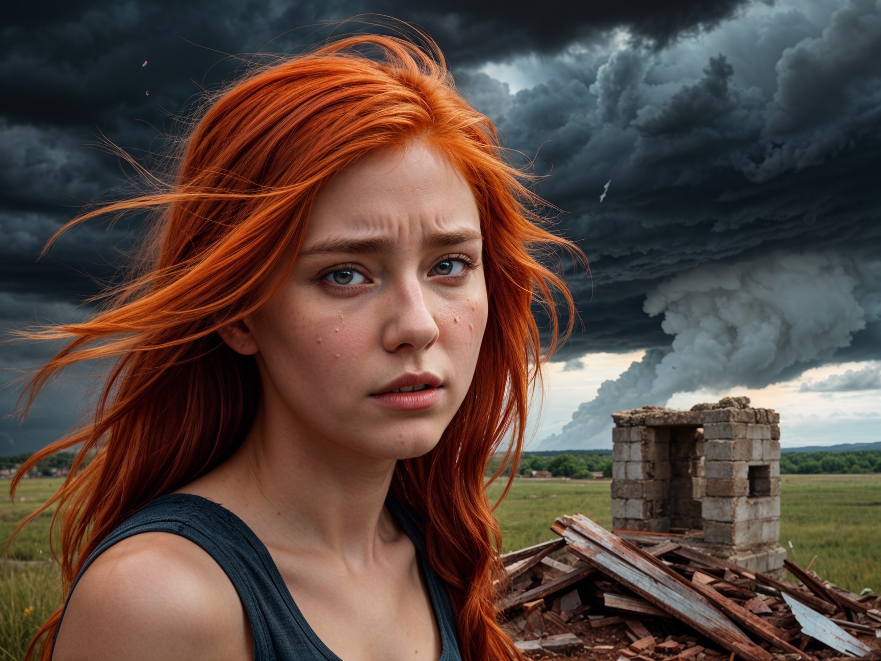 Young woman with orange hair in desolate landscape