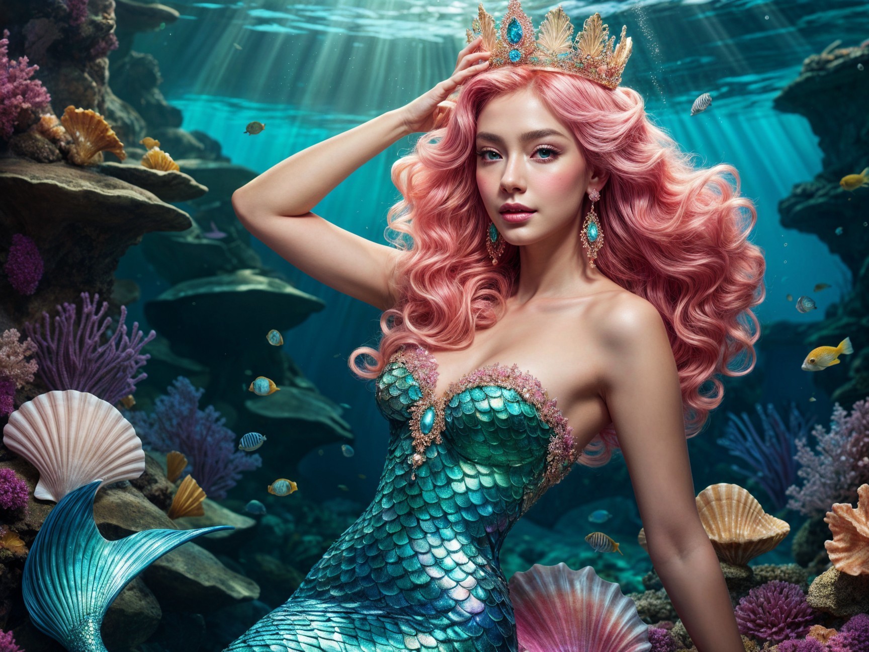 Mermaid with Pink Hair in Vibrant Underwater Scene