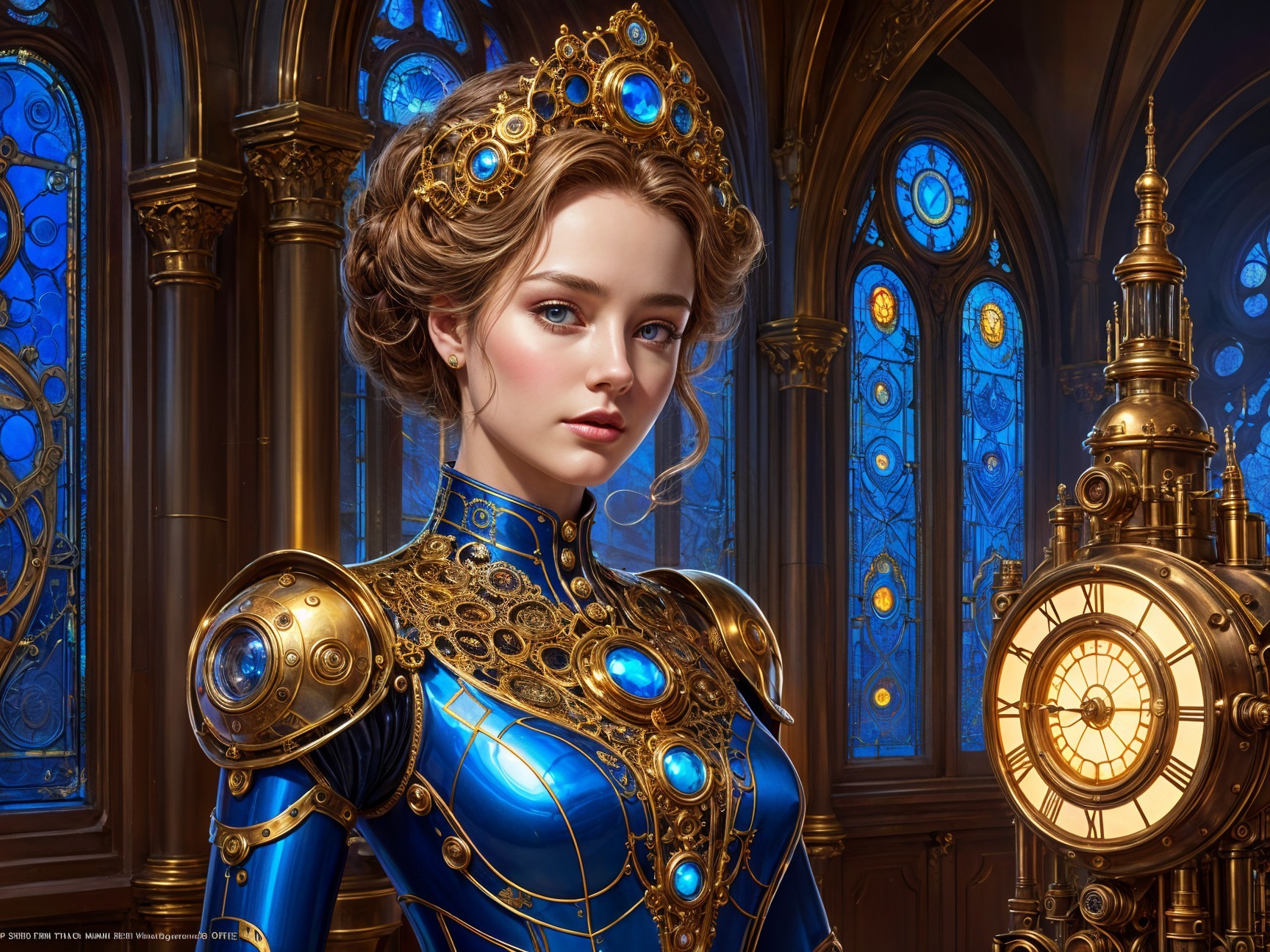 Young Woman in Blue Outfit with Stained Glass Background