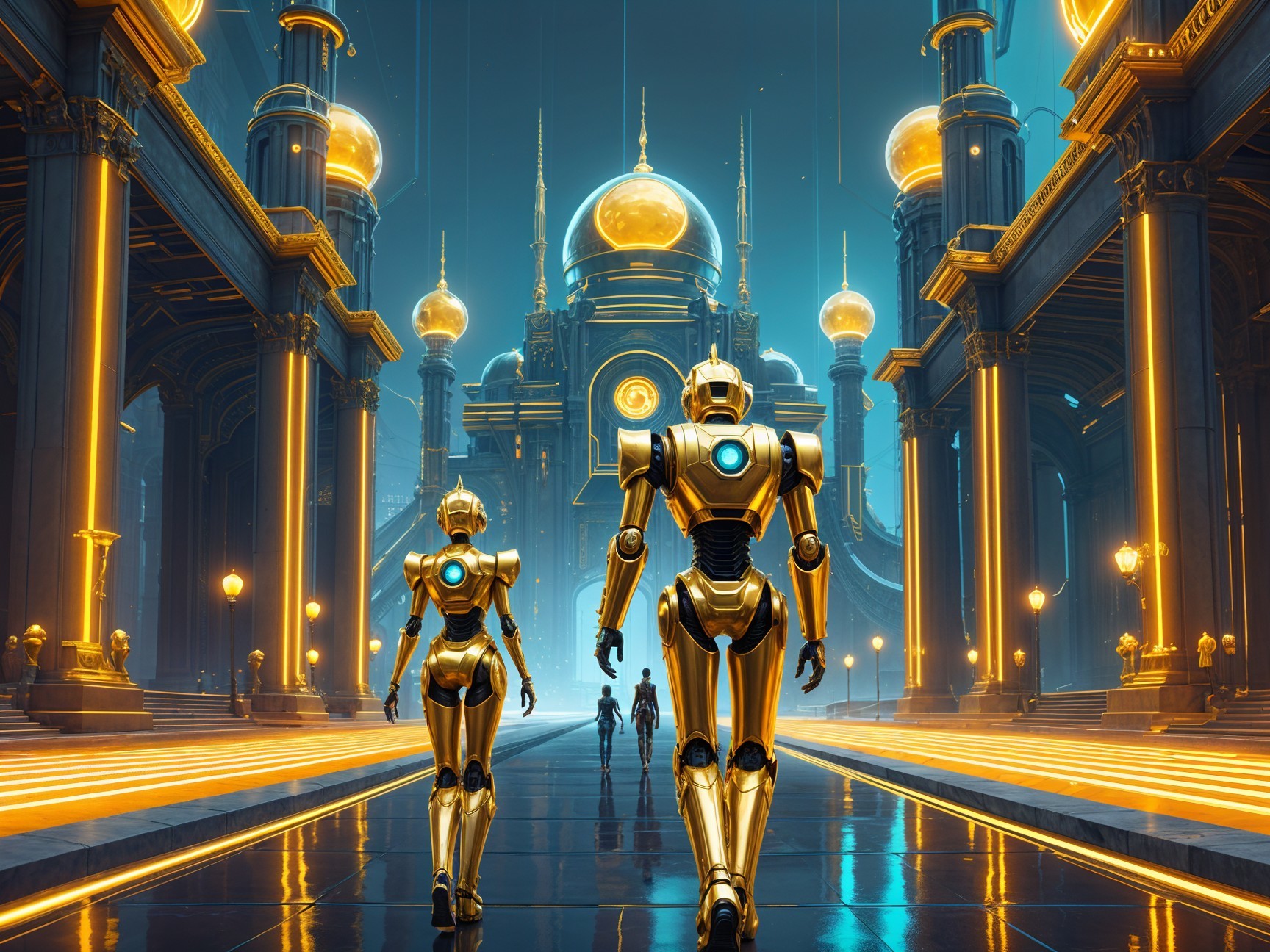 Futuristic cityscape with humanoid robots and grand architecture