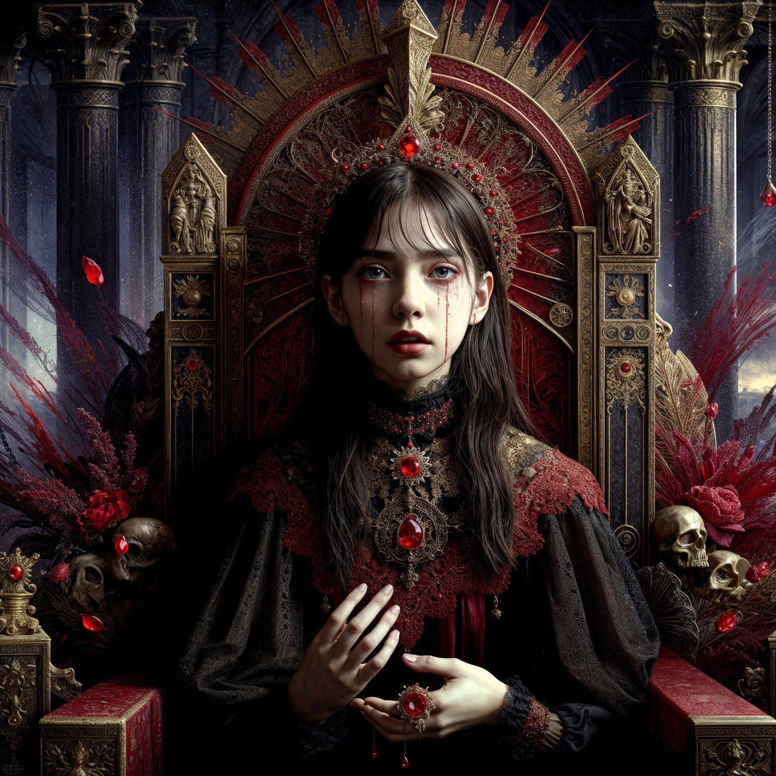 Young girl on ornate gothic throne with dark attire