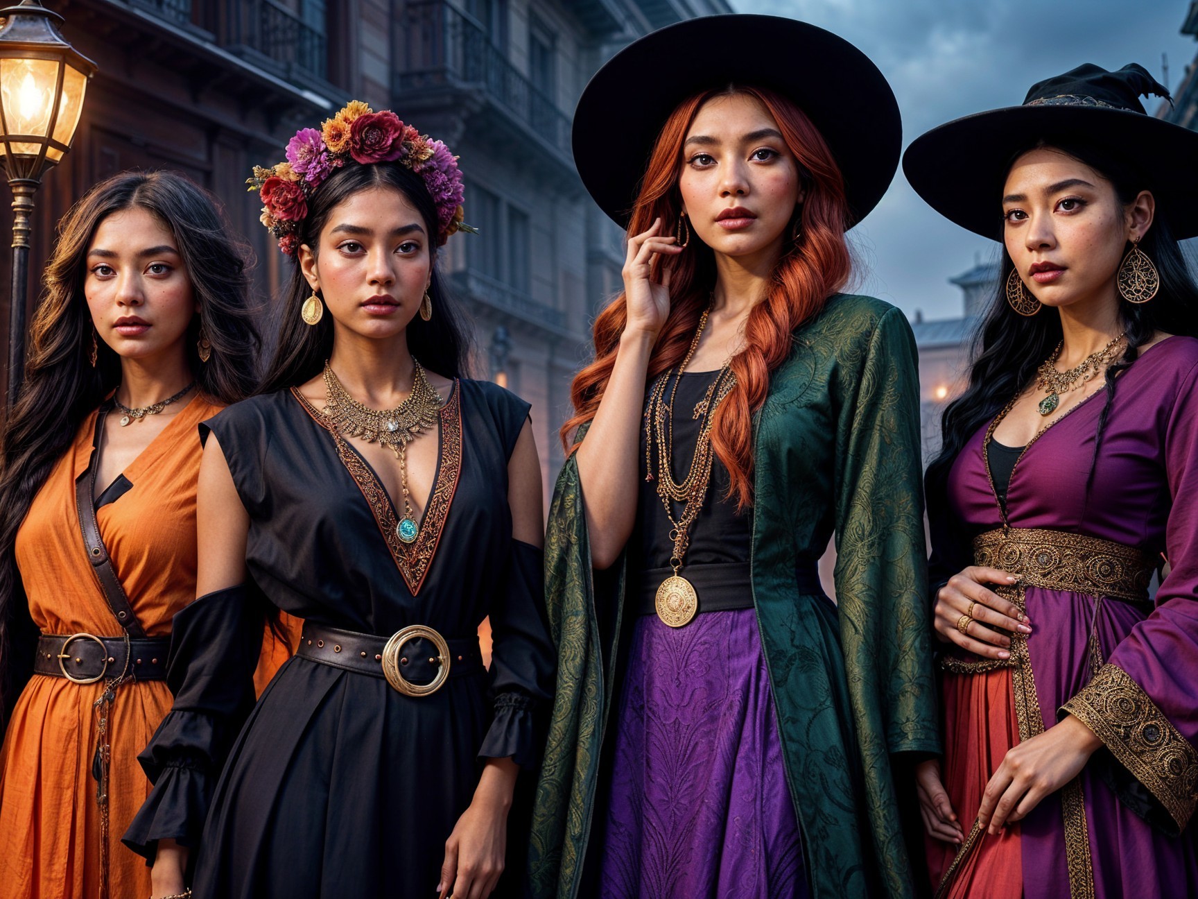 Four Women in Elegant Vintage Dresses and Accessories