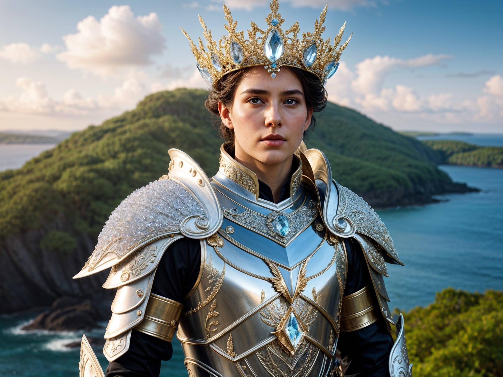 Young Woman in Silver Armor on Cliff Overlooking Sea