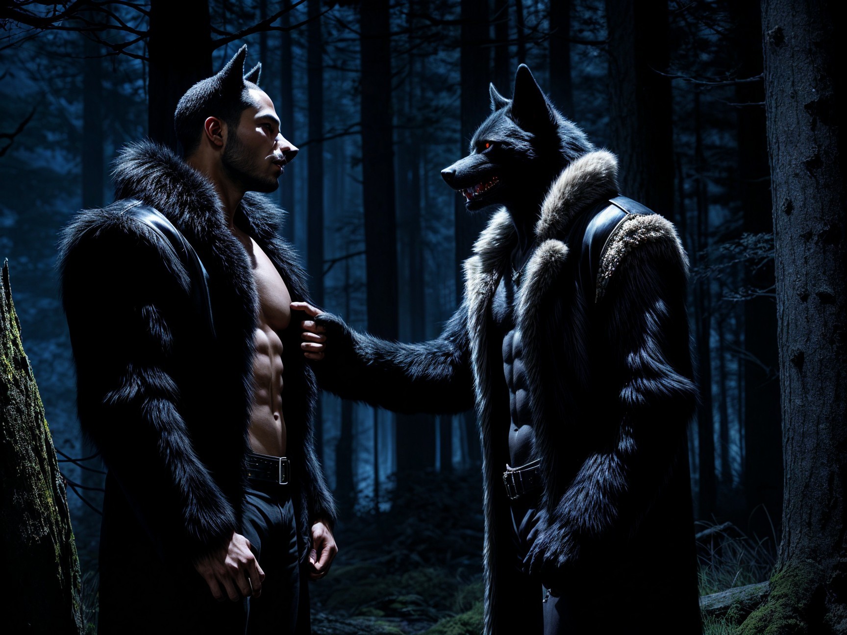 Figures in a Dark Forest with Mysterious Atmosphere
