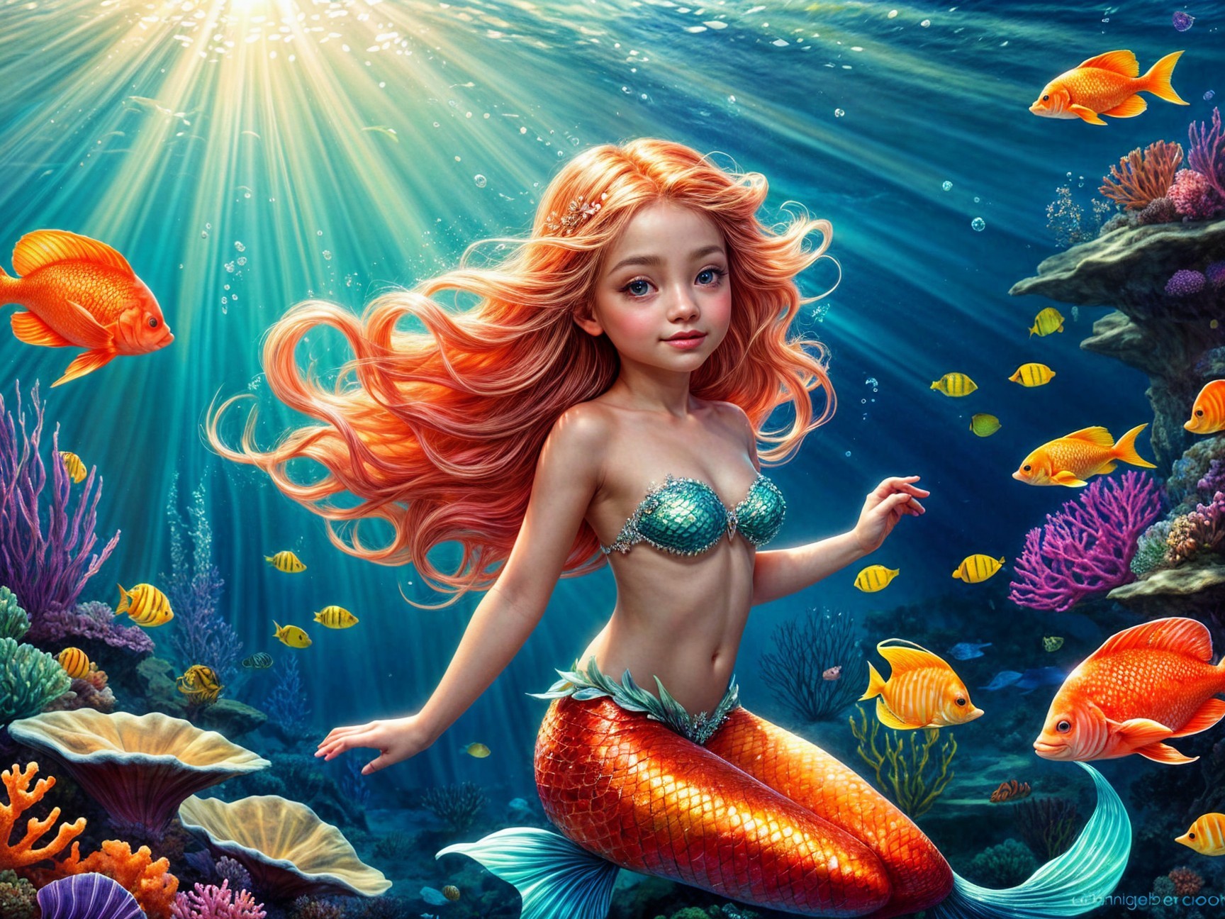 Young mermaid swimming in vibrant coral reefs