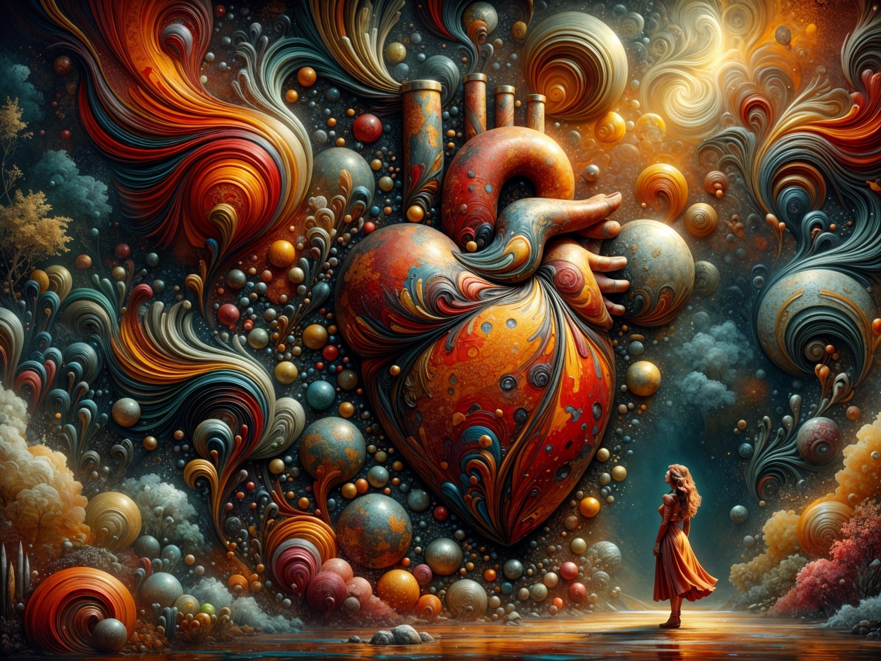 Whimsical Heart Surrounded by Abstract Patterns and Shapes