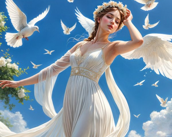 Ethereal Dance in a Flowing White Gown Under Blue Sky