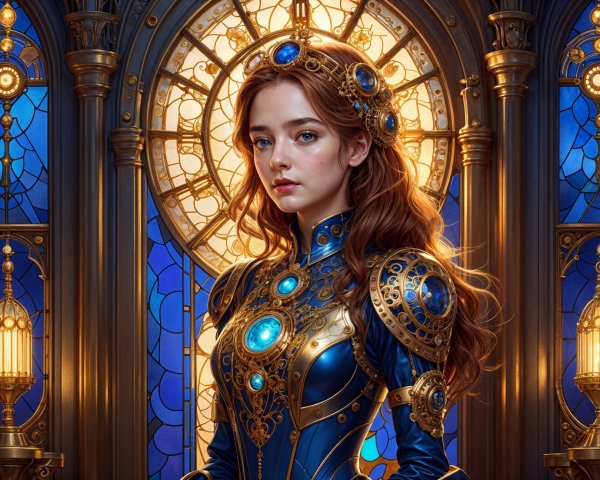 Young Woman in Elegant Blue Dress by Stained Glass