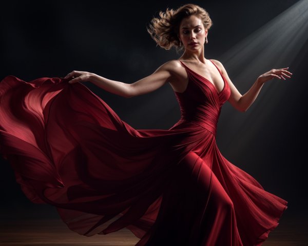 Elegant Woman in Flowing Red Gown Dancing Gracefully
