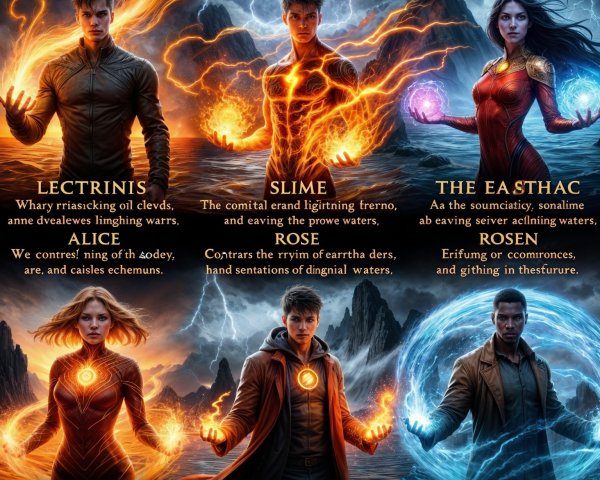 Seven Characters with Unique Powers in a Magical Scene