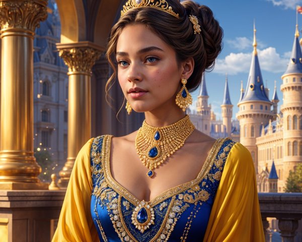Young woman in blue gown with castle backdrop