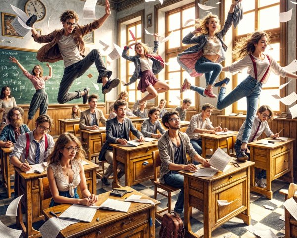 Energetic Classroom Scene with Students in Motion