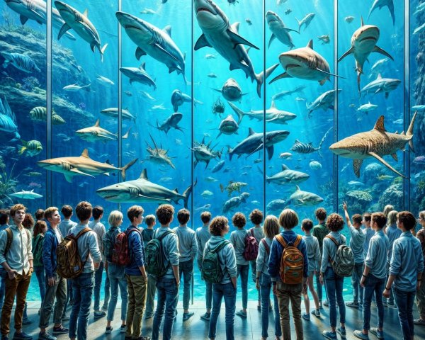 Students Observing Sharks in a Vibrant Aquarium