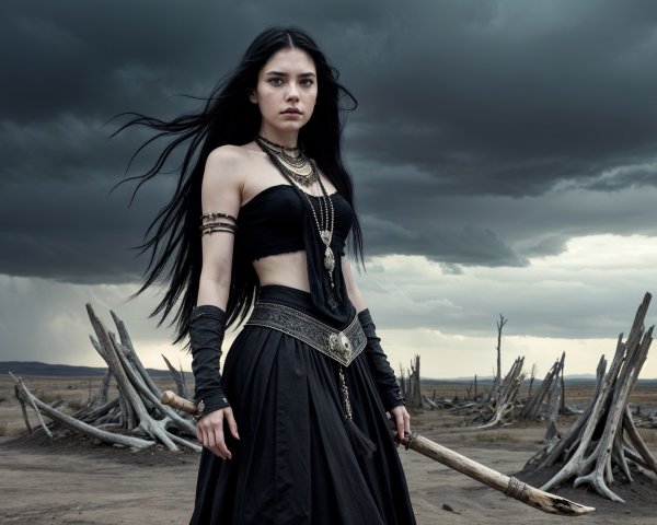 Fierce Warrior in Desolate Landscape with Storm Clouds