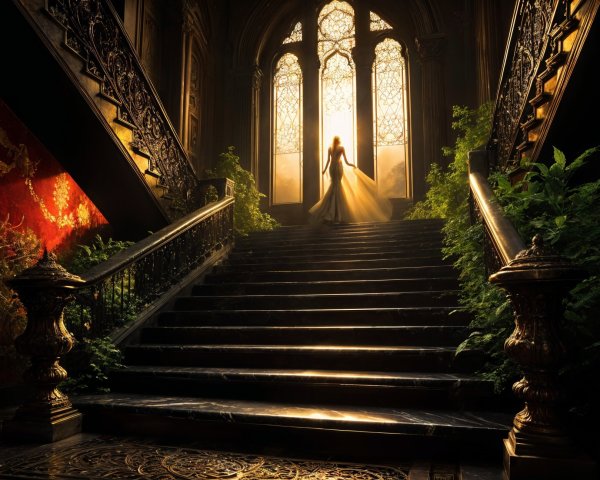 Grand staircase with ornate windows and lush ferns