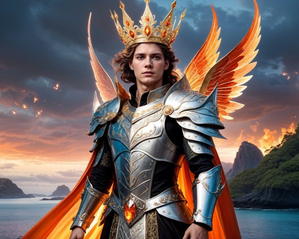 Majestic figure in silver armor with golden wings