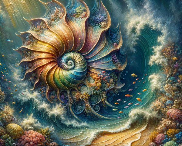 Nautilus Shell Surrounded by Coral Reefs and Fish